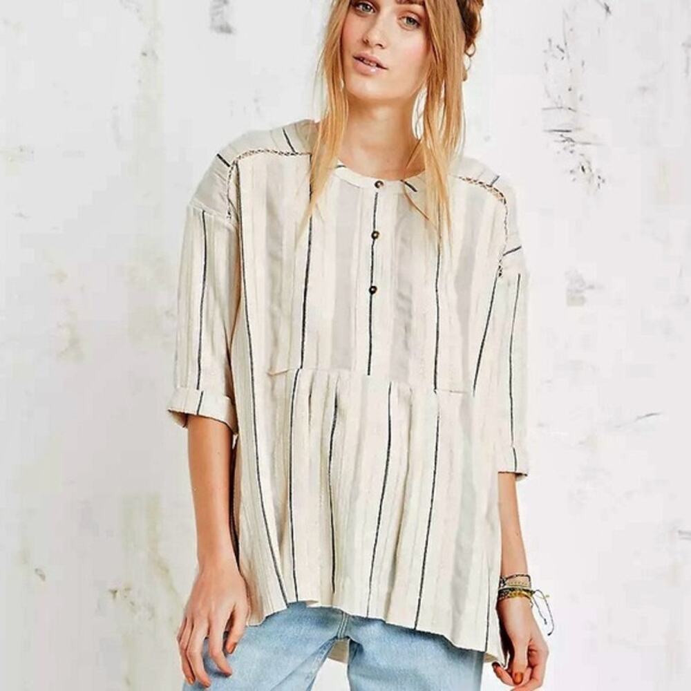 Vintage Free People Striped Button Collar Linen Flowy Breezy Blouse Size XS